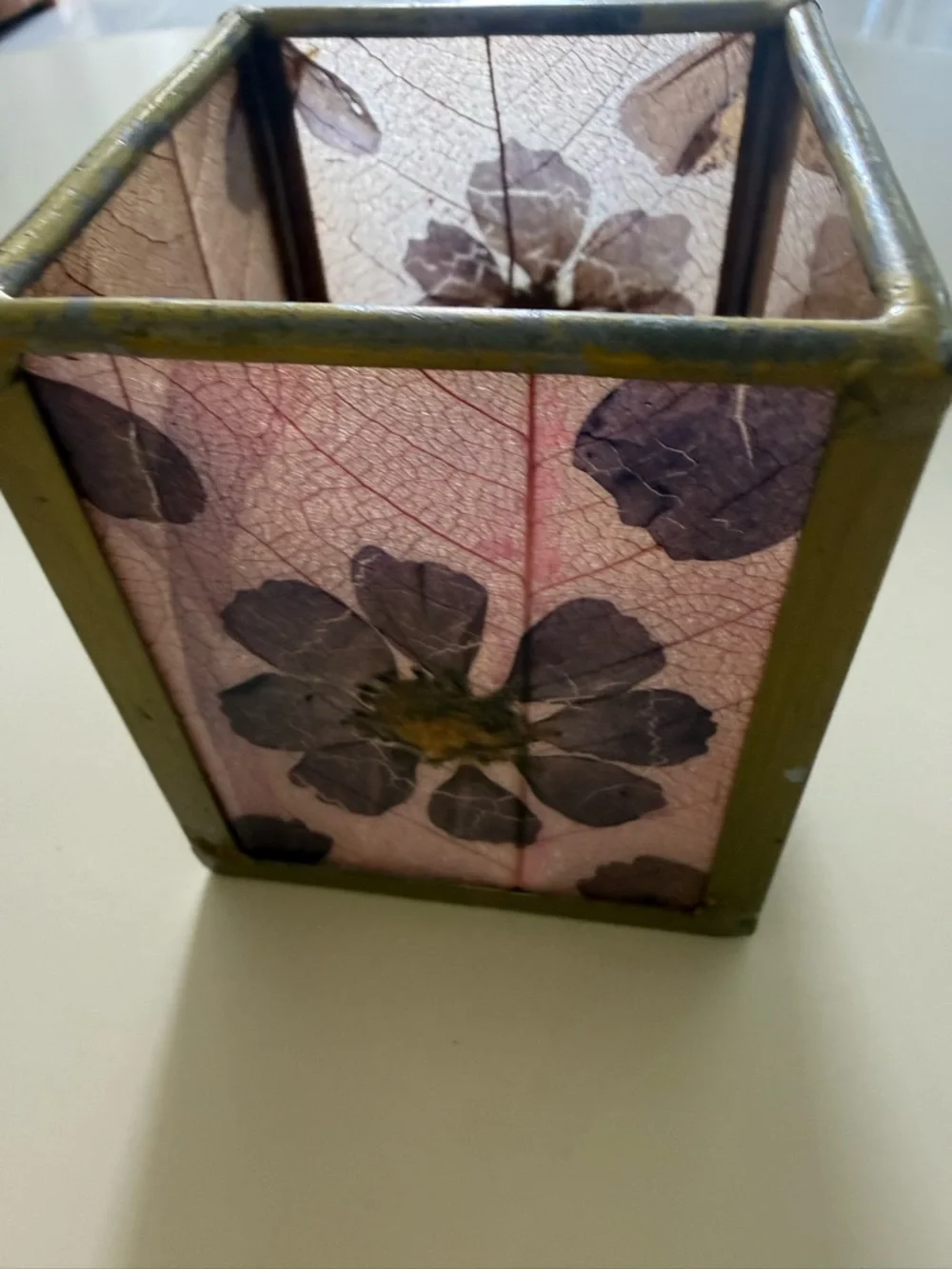 Pressed Flower Glass pencil or makeup Holder Purple & Gold